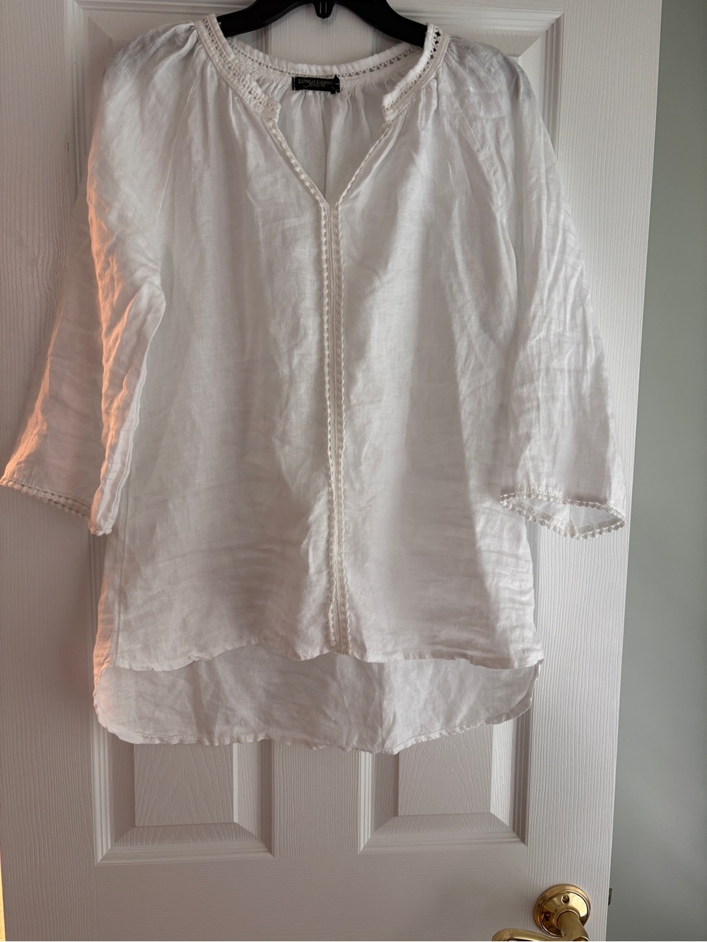 Lingo L’Arno 100% Linen White Women's Crochet-Trim Tunic 3/4 Sleeves Blouse L